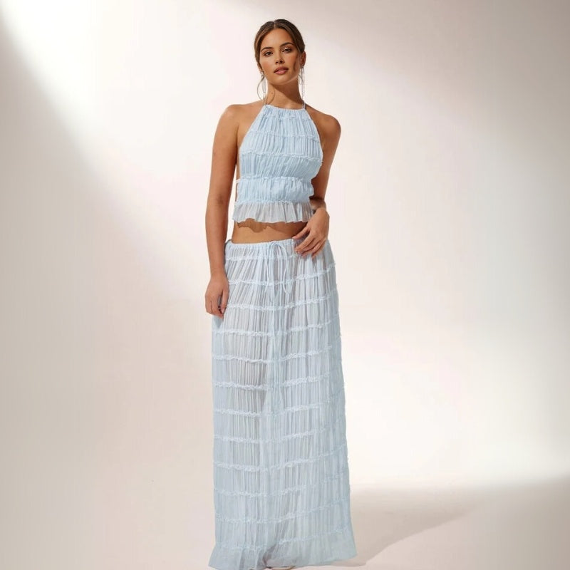 Effortless Textured Two Piece Set for Women with Halter Top Tiered Maxi Skirt Bohemian Style