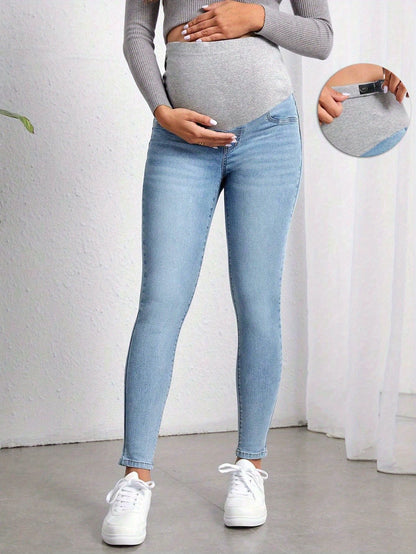 Comfortable Light Blue Maternity Jeans for Women with Elastic Belly Panel Skinny Fit Relaxed Style