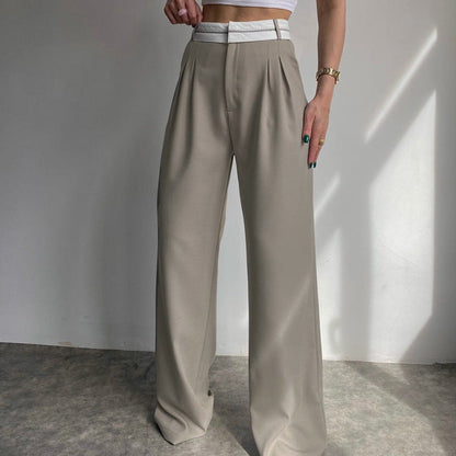 Effortless Wide Leg Pants for Women with High Waist Contrast Waistband Pleated Tailored Style