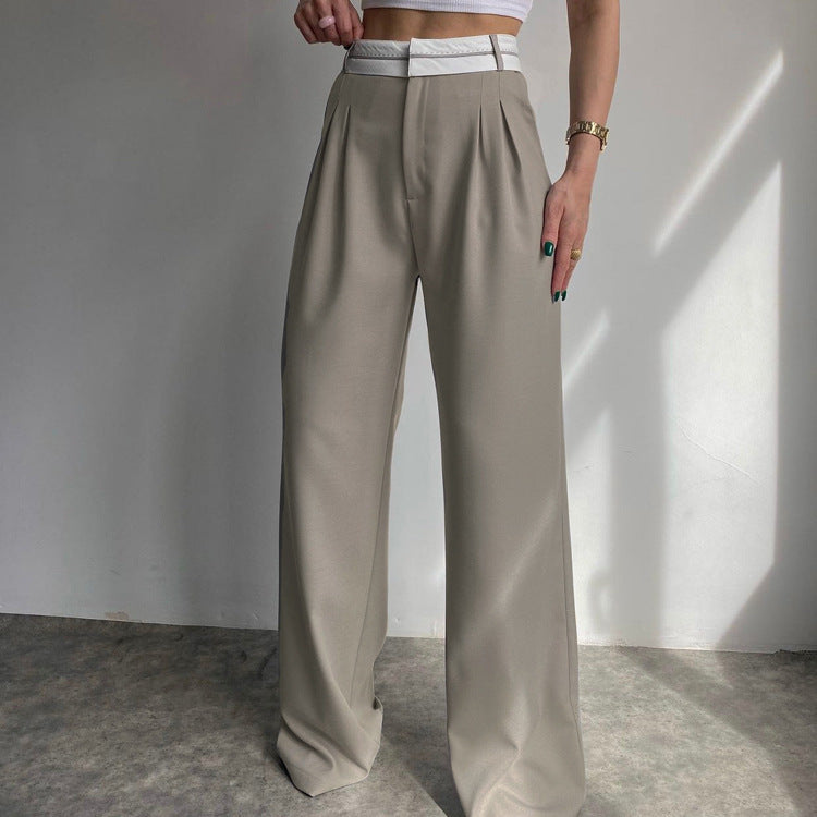 Effortless Wide Leg Pants for Women with High Waist Contrast Waistband Pleated Tailored Style