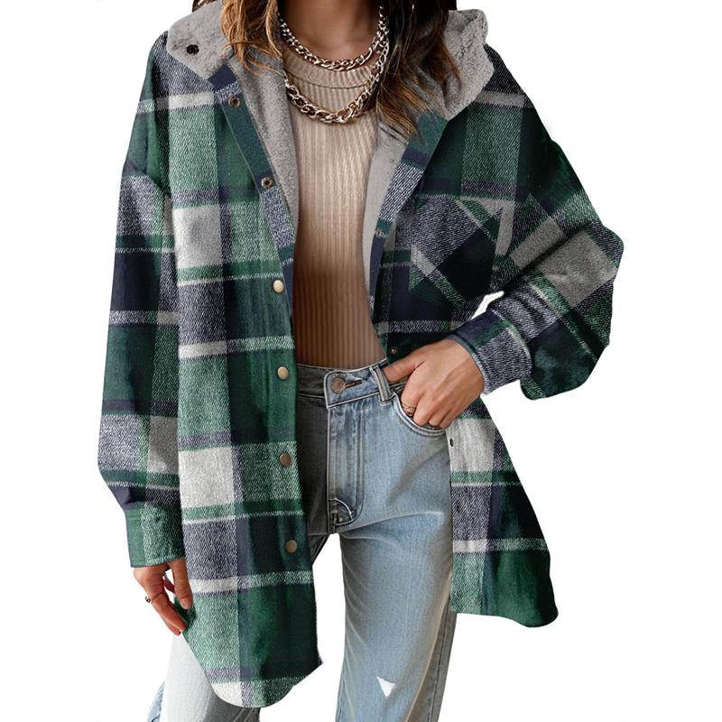 Cozy Plaid Shacket for Women with Hooded Collar Long Sleeve Sherpa Lined Flannel Oversized Style