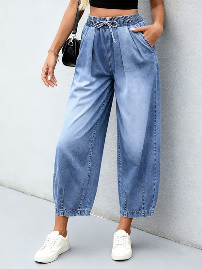 Effortless Light Blue Relaxed Barrel Jeans for Women with Elastic Waist Drawstring Cuffed Hem