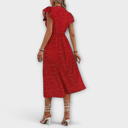Elegant Red A Line Dress for Women with V-Neck Button Front Cap Sleeve Side Slit Casual Summer Style