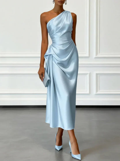 Elegant Champagne Wedding Guest Midi Dress for Women with One Shoulder Ruched Satin Formal Style
