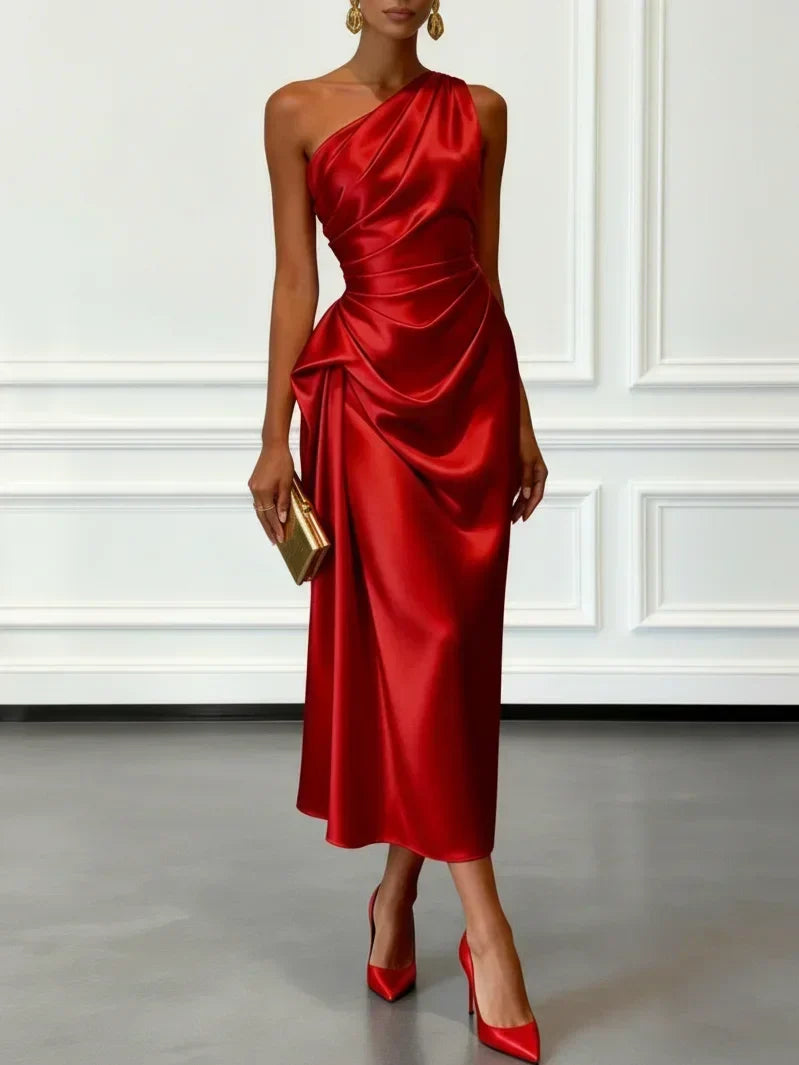 Elegant Champagne Wedding Guest Midi Dress for Women with One Shoulder Ruched Satin Formal Style