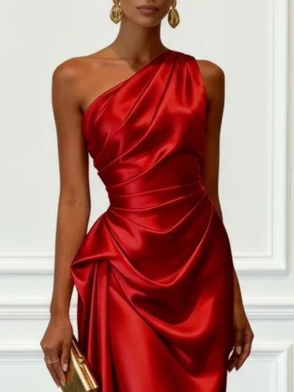Elegant Champagne Wedding Guest Midi Dress for Women with One Shoulder Ruched Satin Formal Style