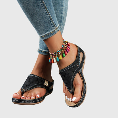 Comfortable Orthopedic Sandals for Women with Laser Cut Buckle Strap Toe Loop Wedge Platform Flip Flop Style