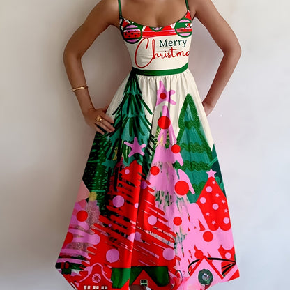 Elegant Festive Print Christmas Party Dress for Women with Scoop Neck Spaghetti Strap A Line Holiday Style