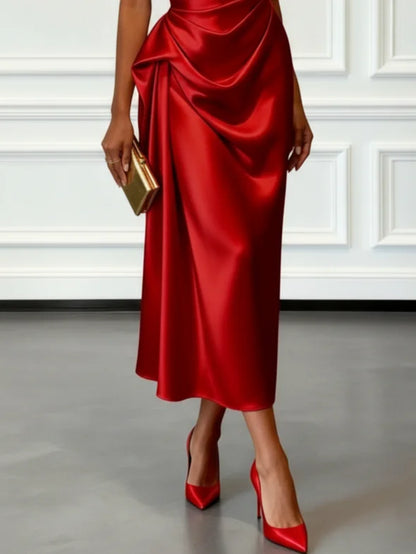 Elegant Champagne Wedding Guest Midi Dress for Women with One Shoulder Ruched Satin Formal Style