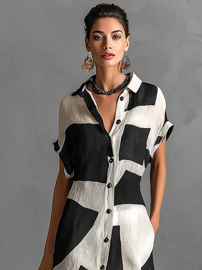 Stylish Black and White Shirt Dress for Women with Lapel Collar Color Block Button Front Short Sleeve Linen Casual Maxi Style