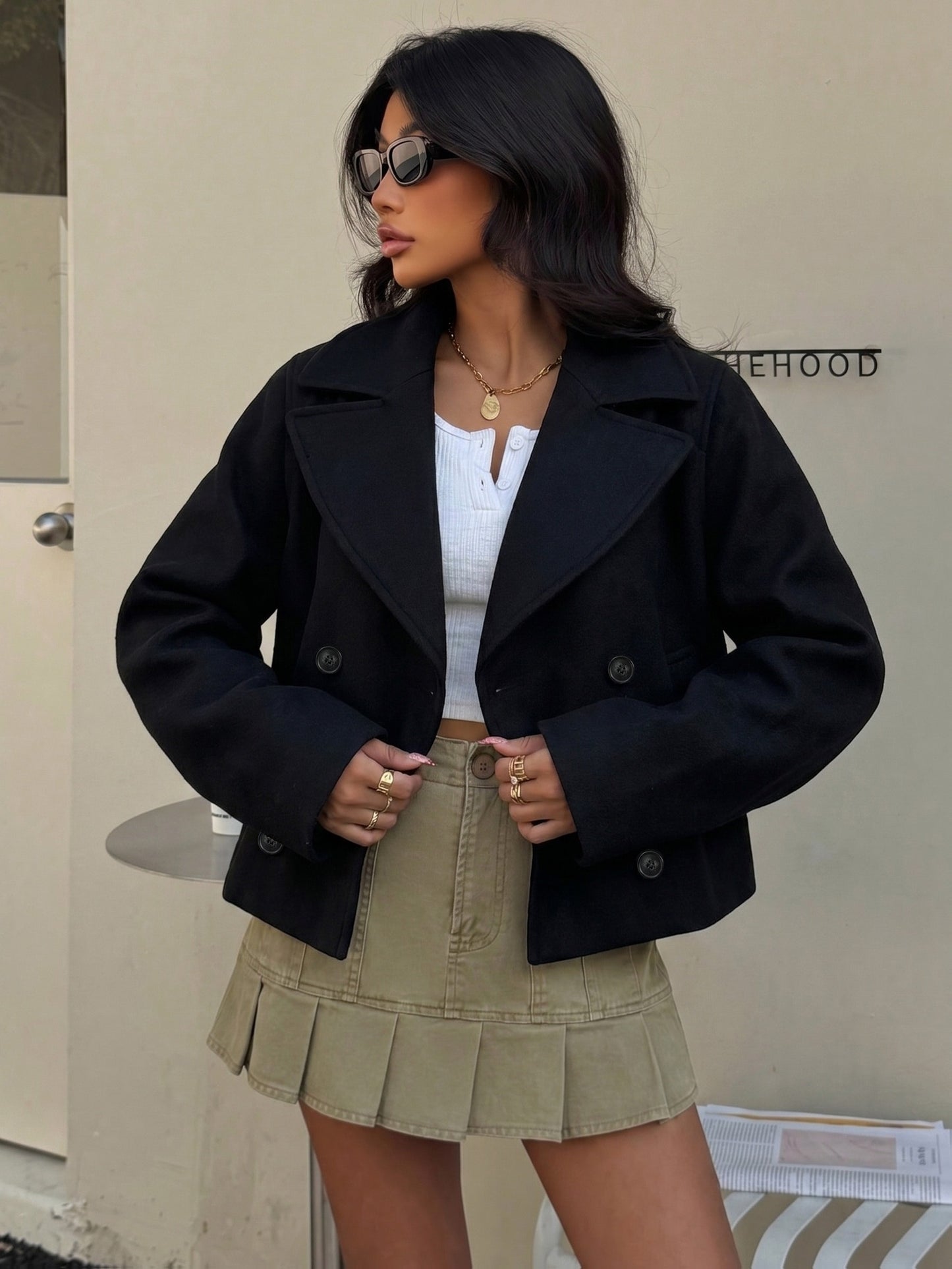 Elegant Black Pea Coat for Women with Notch Lapel Long Sleeve Double Breasted Cropped Style