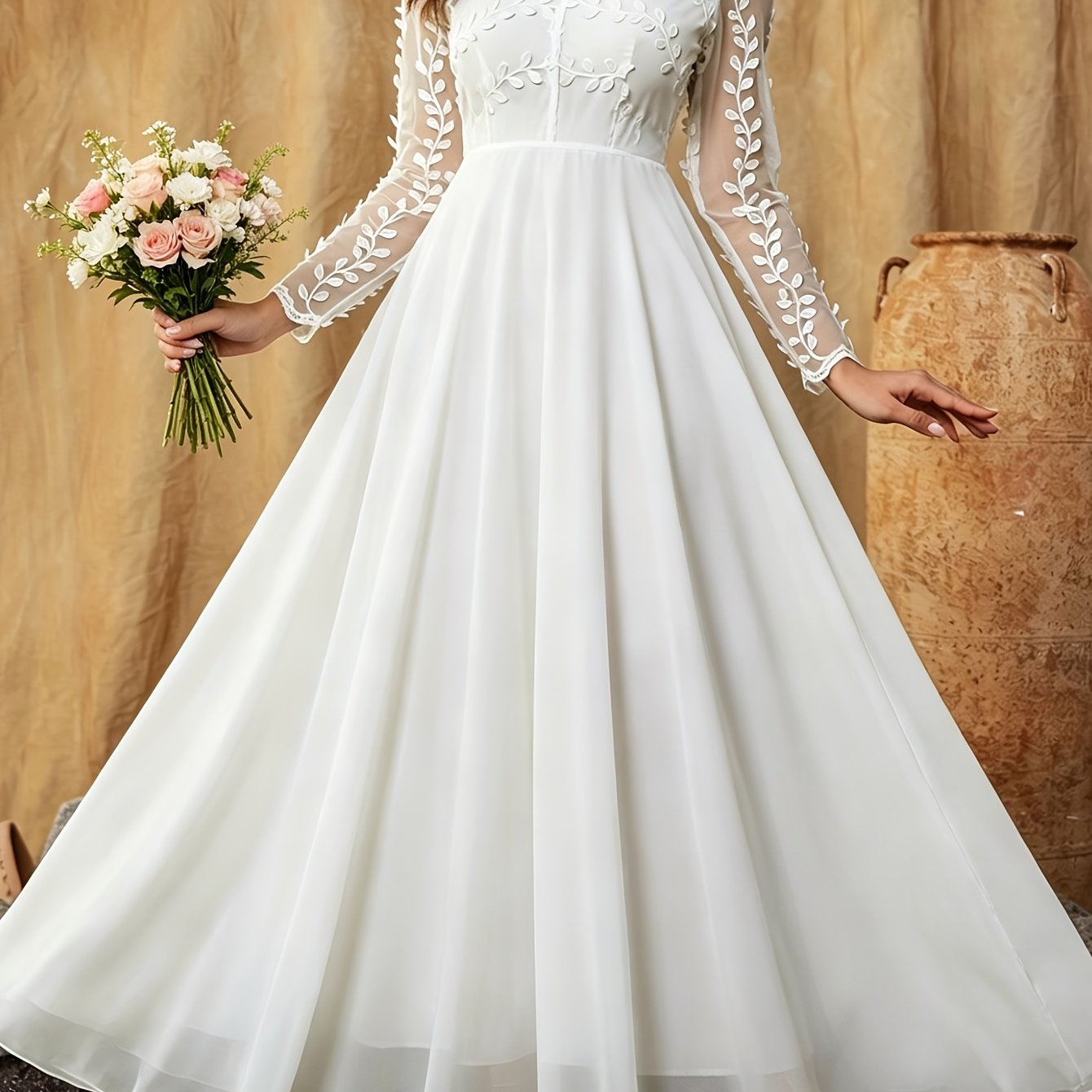 Elegant White Lace Wedding Gown for Women with V Neck Long Sleeve Sheer Applique Flowing Style