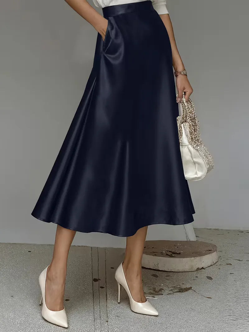 Elegant Satin Midi Skirt for Women with High Waist A Line Pocket Flowing Style