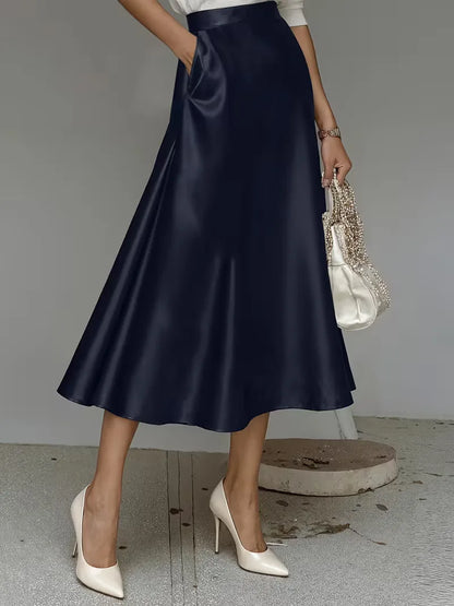 Elegant Satin Midi Skirt for Women with High Waist A Line Pocket Flowing Style