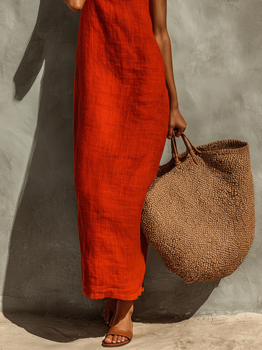Effortless Red Dress for Women with Spaghetti Strap Square Neck Linen Midi Casual Summer Style