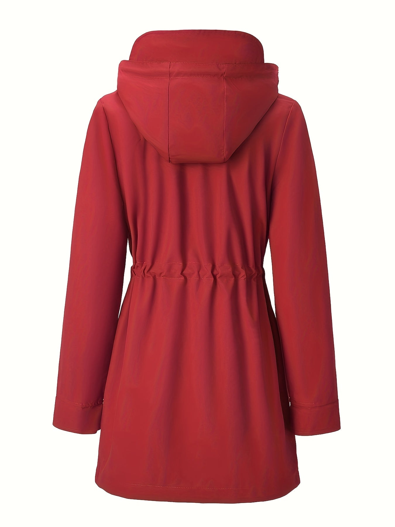 Stylish Red Hooded Rainwear Jacket for Women with Plaid Lining Drawstring Waist Zip Front Outdoor Style