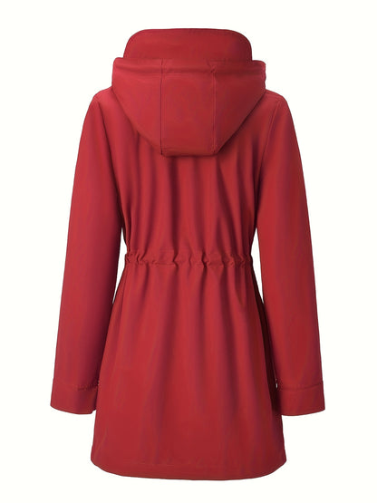 Stylish Red Hooded Rainwear Jacket for Women with Plaid Lining Drawstring Waist Zip Front Outdoor Style