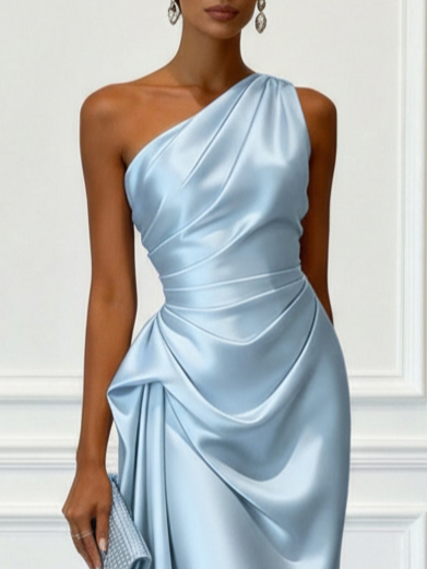 Elegant Champagne Wedding Guest Midi Dress for Women with One Shoulder Ruched Satin Formal Style