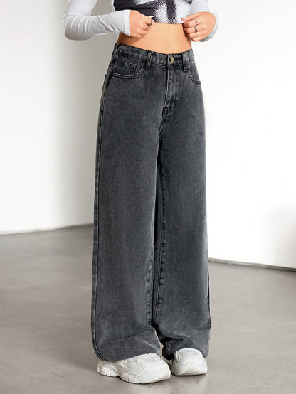 Relaxed Grey Wide Leg Jeans for Women with High Waist Flowing Loose Fit Denim Style