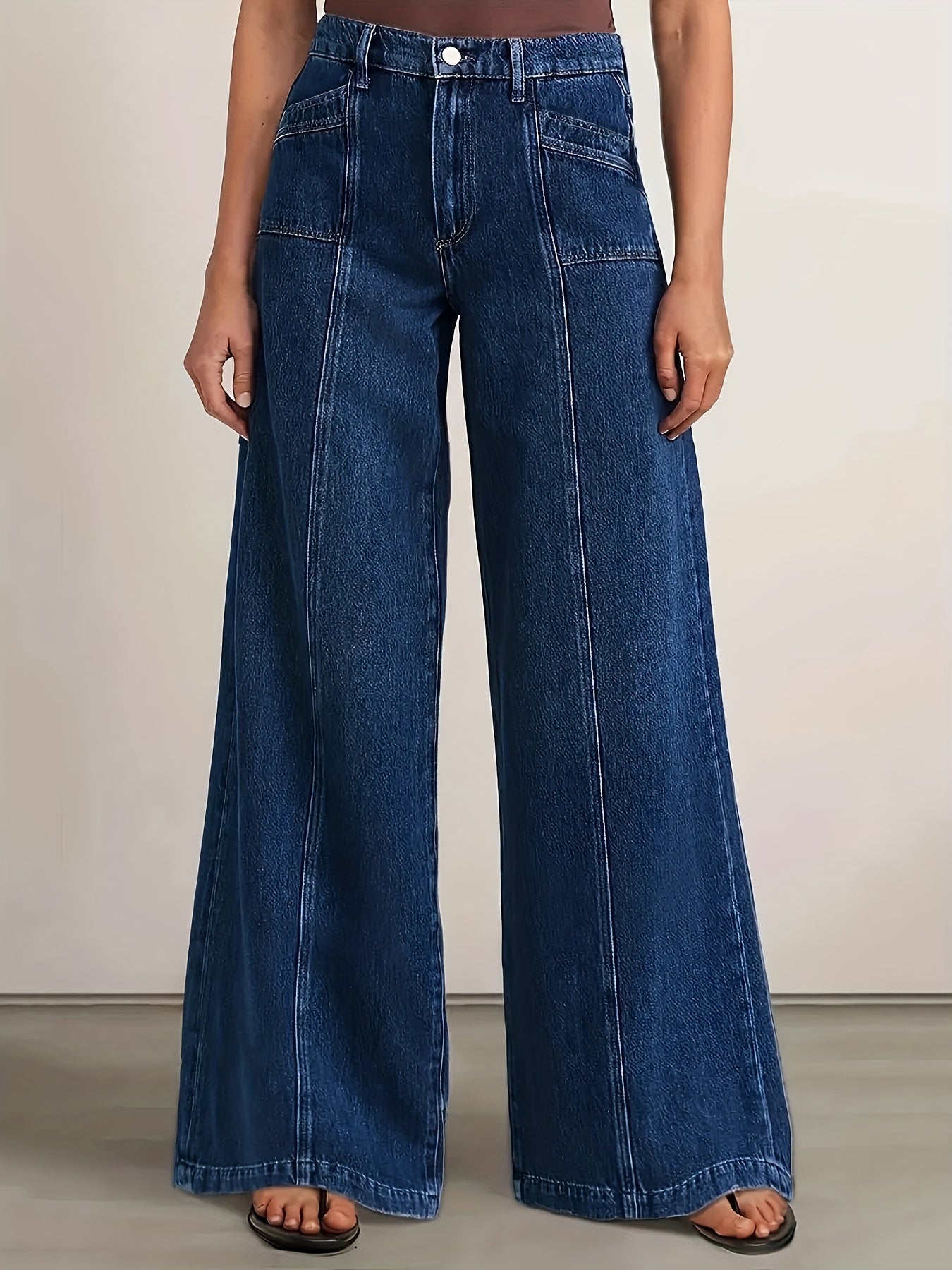 Effortless Blue Denim High Waisted Jeans for Women with Wide Leg Pintuck Seam Relaxed Style