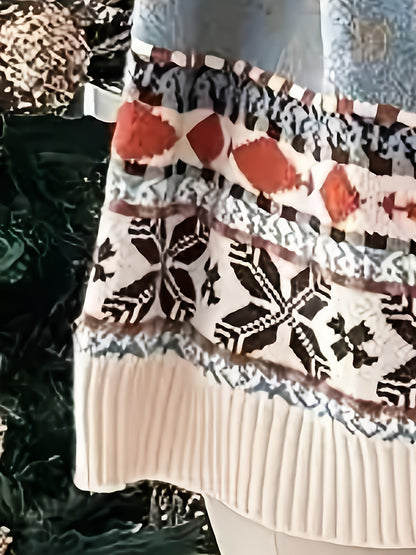 Comfortable White Reindeer Fair Isle Women's Christmas Sweater with Crew Neck Long Sleeve Oversized Knit Style