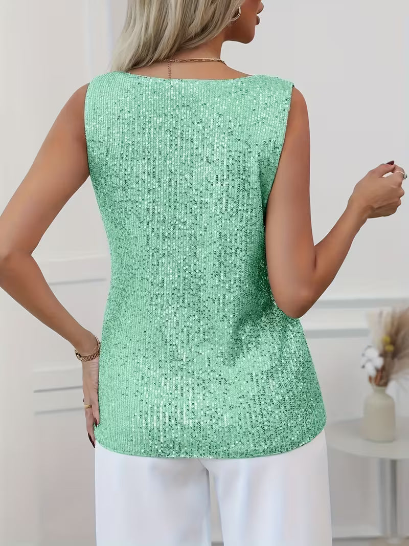 Elegant Sequin Tank Top for Women with V Neck Sleeveless Fitted Sparkle Party Style