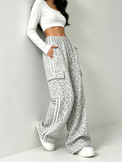 Effortless Leopard Print Cargo Pants for Women with High Waist Drawstring Wide Leg Relaxed Style