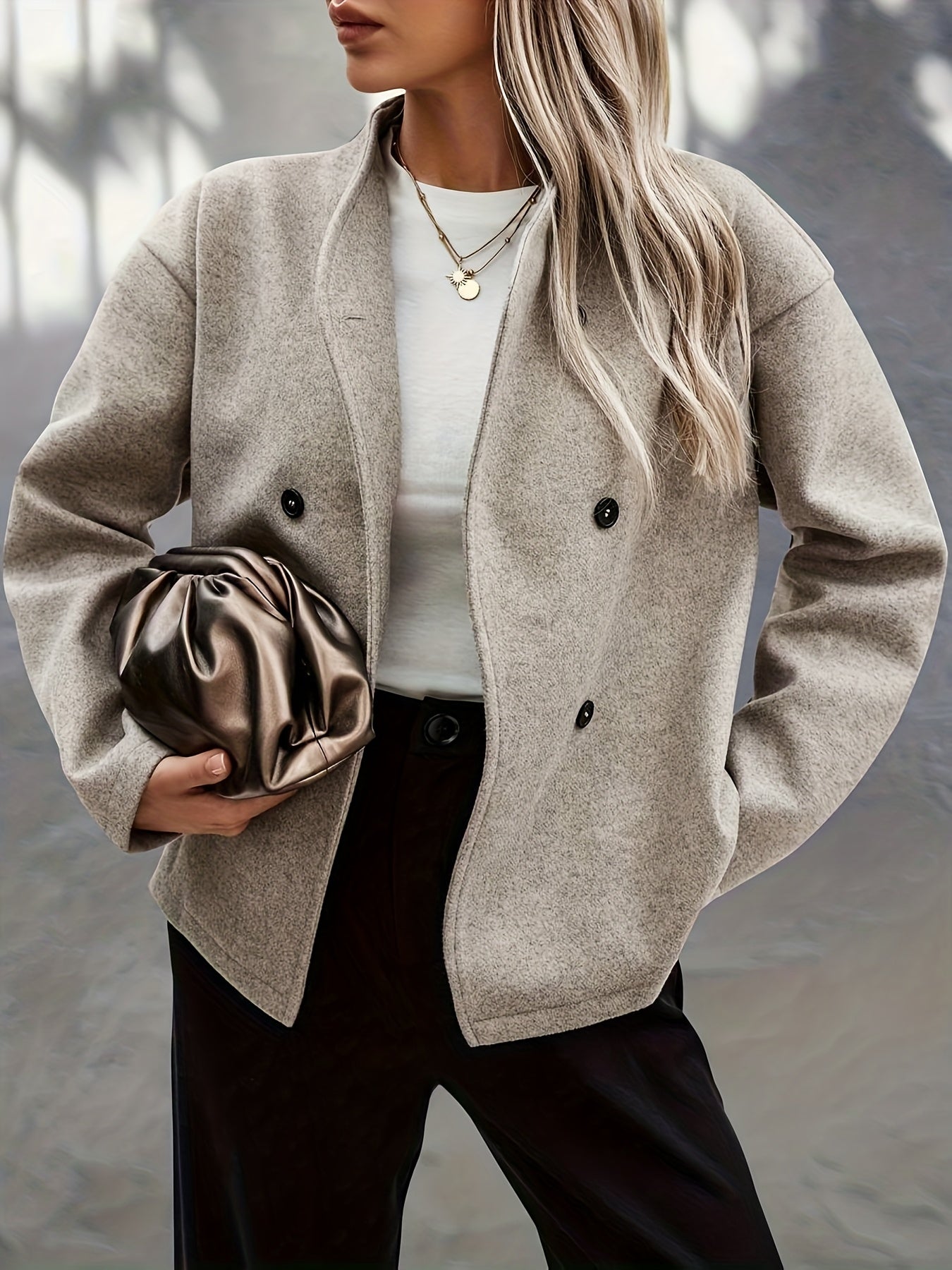 Elegant Apricot Wool Pea Coat for Women with Stand Collar Long Sleeve Double Breasted Oversized Style