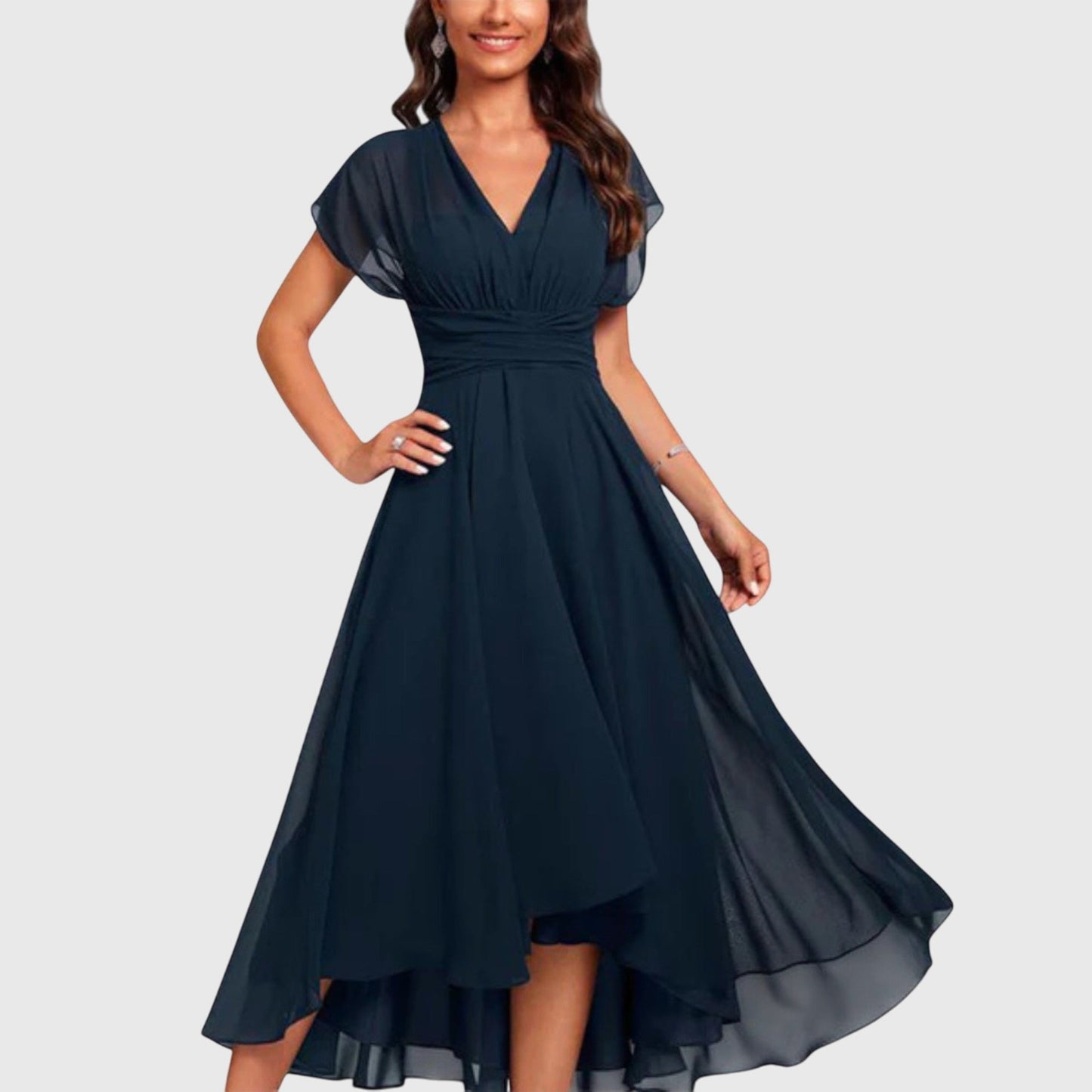 Elegant Navy Blue Chiffon A Line Dress for Women with V-Neck Flutter Sleeve Ruched Waist Formal Wedding Guest Style