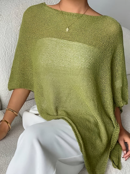 Effortless Poncho Shirt for Women with Boat Neck Asymmetric Hem Sheer Knit Style
