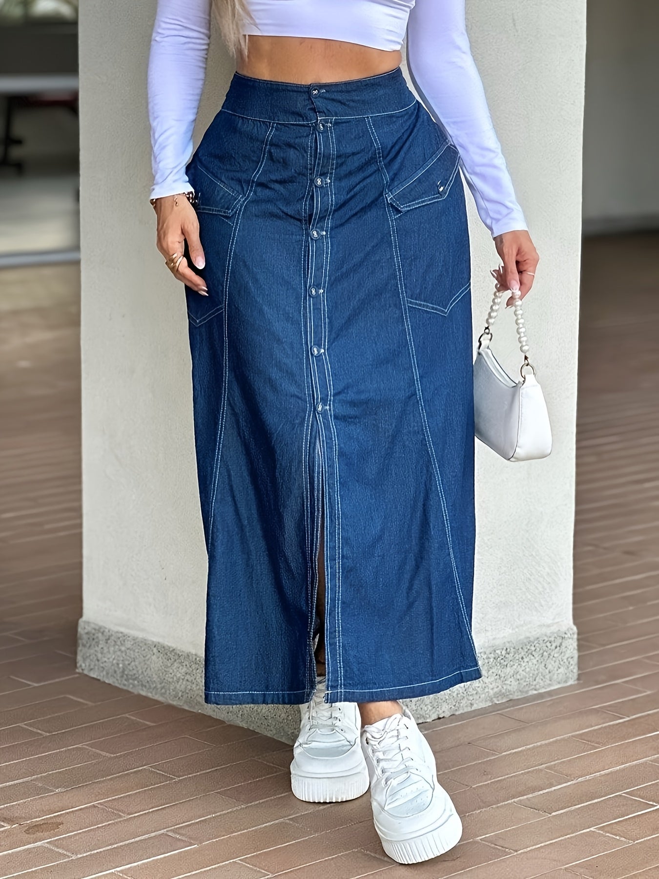 Effortless Blue Denim Look Long Skirt for Women with High Waist Button Front Slit Style