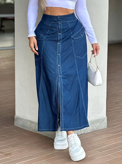 Effortless Blue Denim Look Long Skirt for Women with High Waist Button Front Slit Style