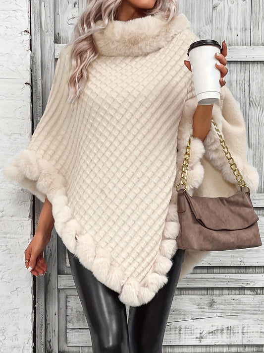 Comfortable Faux Fur Trim Poncho for Women with Turtleneck Batwing Sleeve Asymmetric Oversized Knit Style