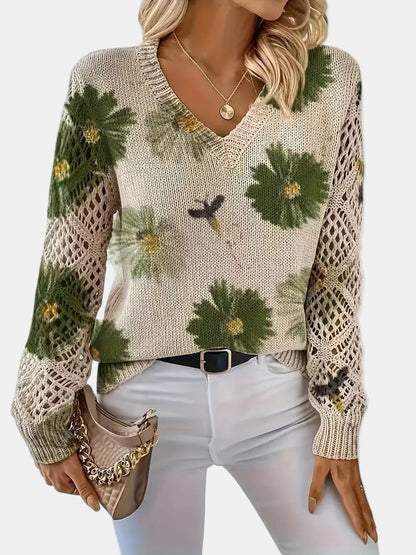 Comfortable Floral Crochet Sweater for Women with V Neck Long Sleeve Oversized Knit Style