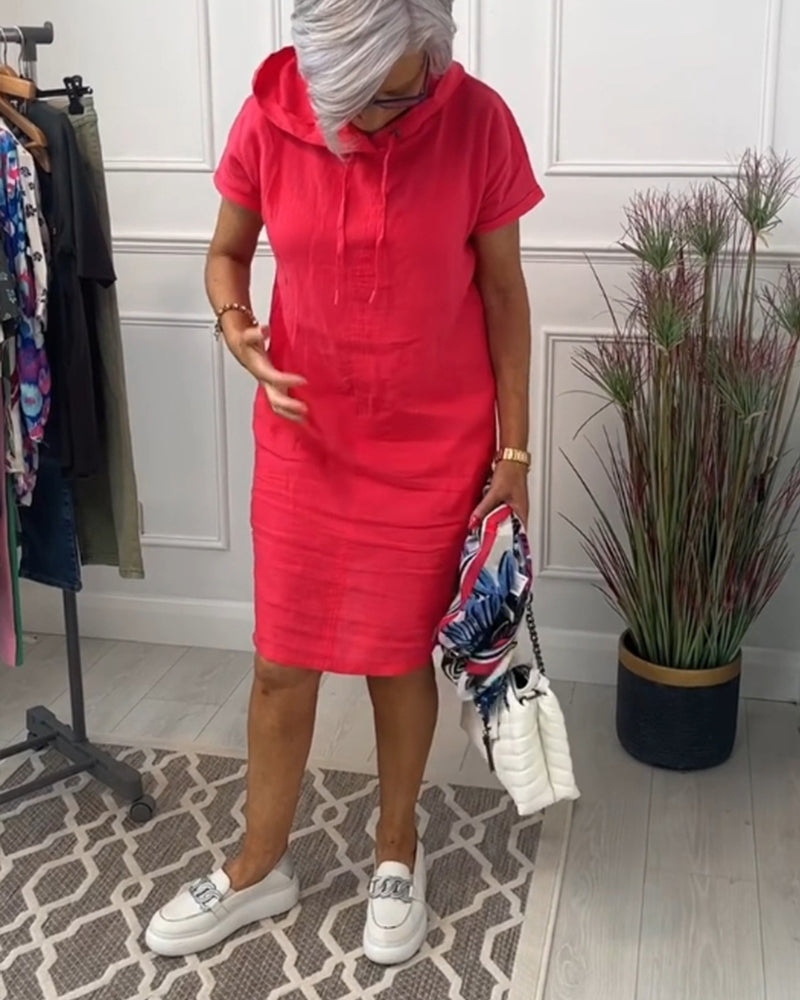 Comfortable Coral Hoodie Dress for Women with Drawstring Hood Short Sleeve Relaxed Shift Casual Style