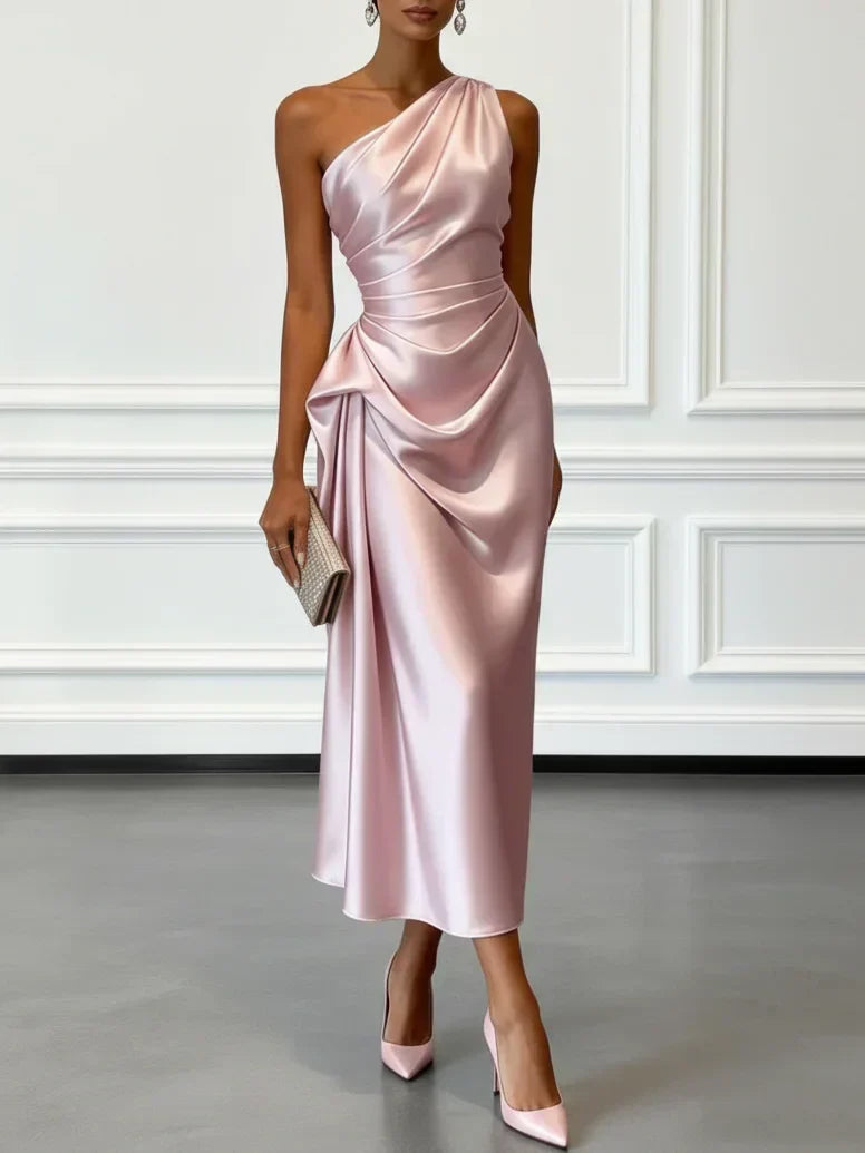Elegant Champagne Wedding Guest Midi Dress for Women with One Shoulder Ruched Satin Formal Style