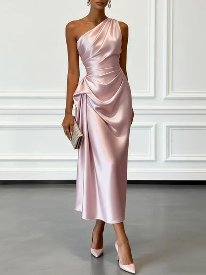 Elegant Champagne Wedding Guest Midi Dress for Women with One Shoulder Ruched Satin Formal Style
