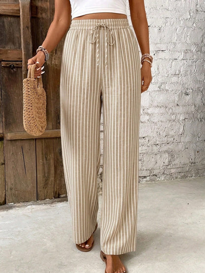 Effortless Striped Linen Wide Leg Pants for Women with High Waist Drawstring Flowing Casual Style