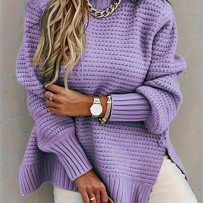 Comfortable Textured Knit Sweater for Women with Mock Neck Long Sleeve Ribbed Cuff Relaxed Oversized Style