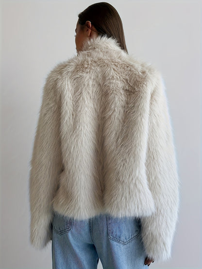 Cozy Cream Flurry Coat for Women with Buckle Front Shaggy Faux Fur Cropped Plush Winter Style