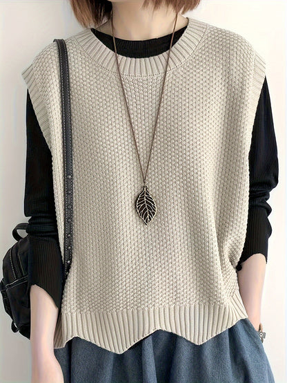 Comfortable Chunky Knit Sweater Vest for Women with Crew Neck Sleeveless Ribbed Trim Relaxed Oversized Style