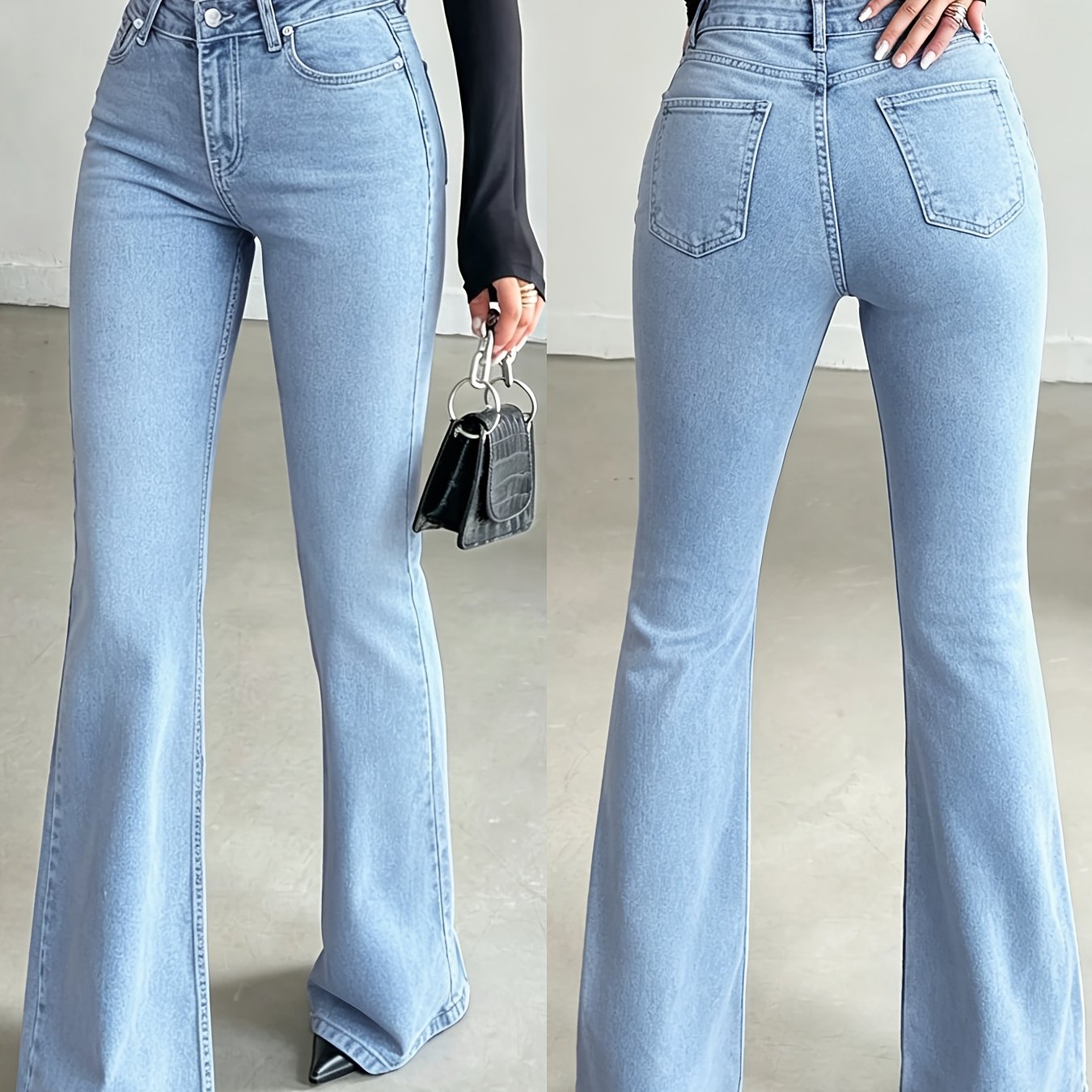 Effortless Light Blue Flare Jeans for Women with High Waist Button Front Relaxed Casual Style