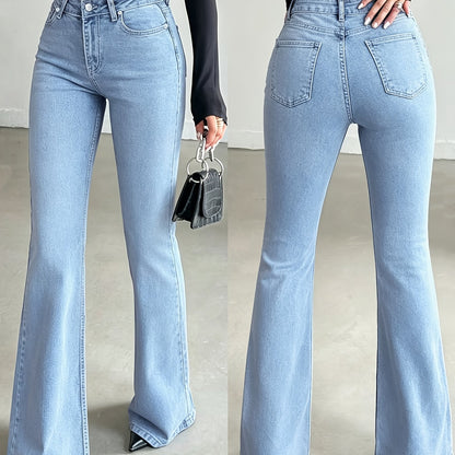 Effortless Light Blue Flare Jeans for Women with High Waist Button Front Relaxed Casual Style