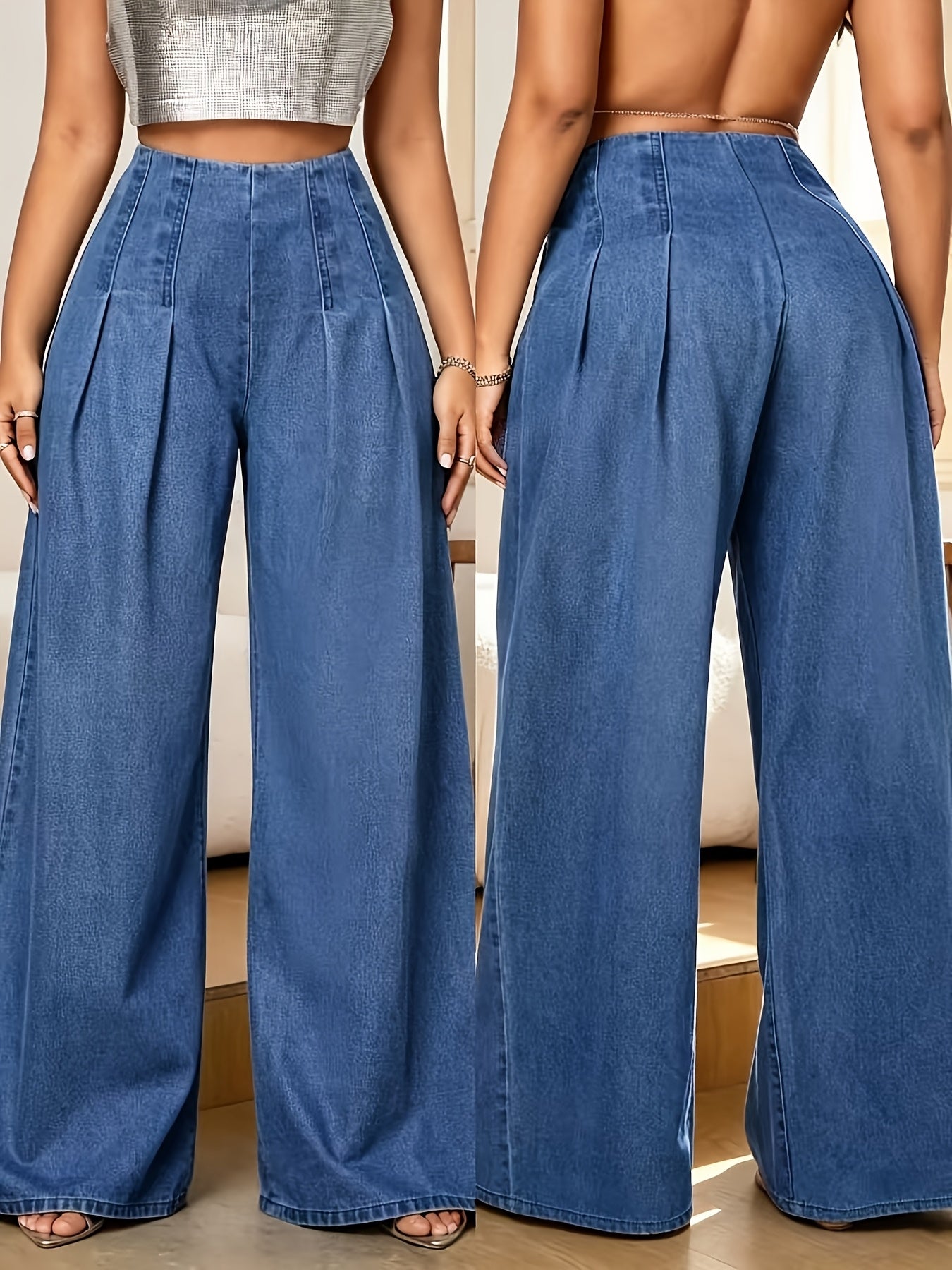 Elegant Royal Blue Denim High Waisted Pants for Women with Pleated Front Wide Leg Relaxed Flowing Style