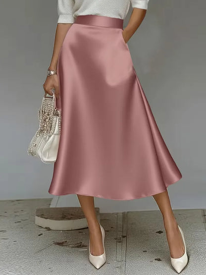 Elegant Satin Midi Skirt for Women with High Waist A Line Pocket Flowing Style