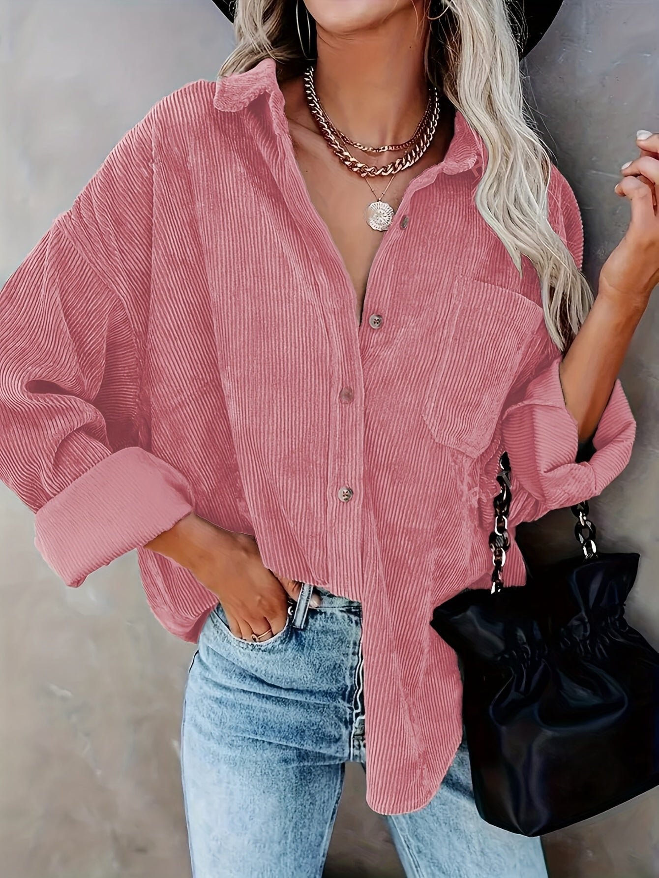 Effortless Corduroy Long Sleeve Shirt for Women with Collar Button Front Oversized Relaxed Casual Style