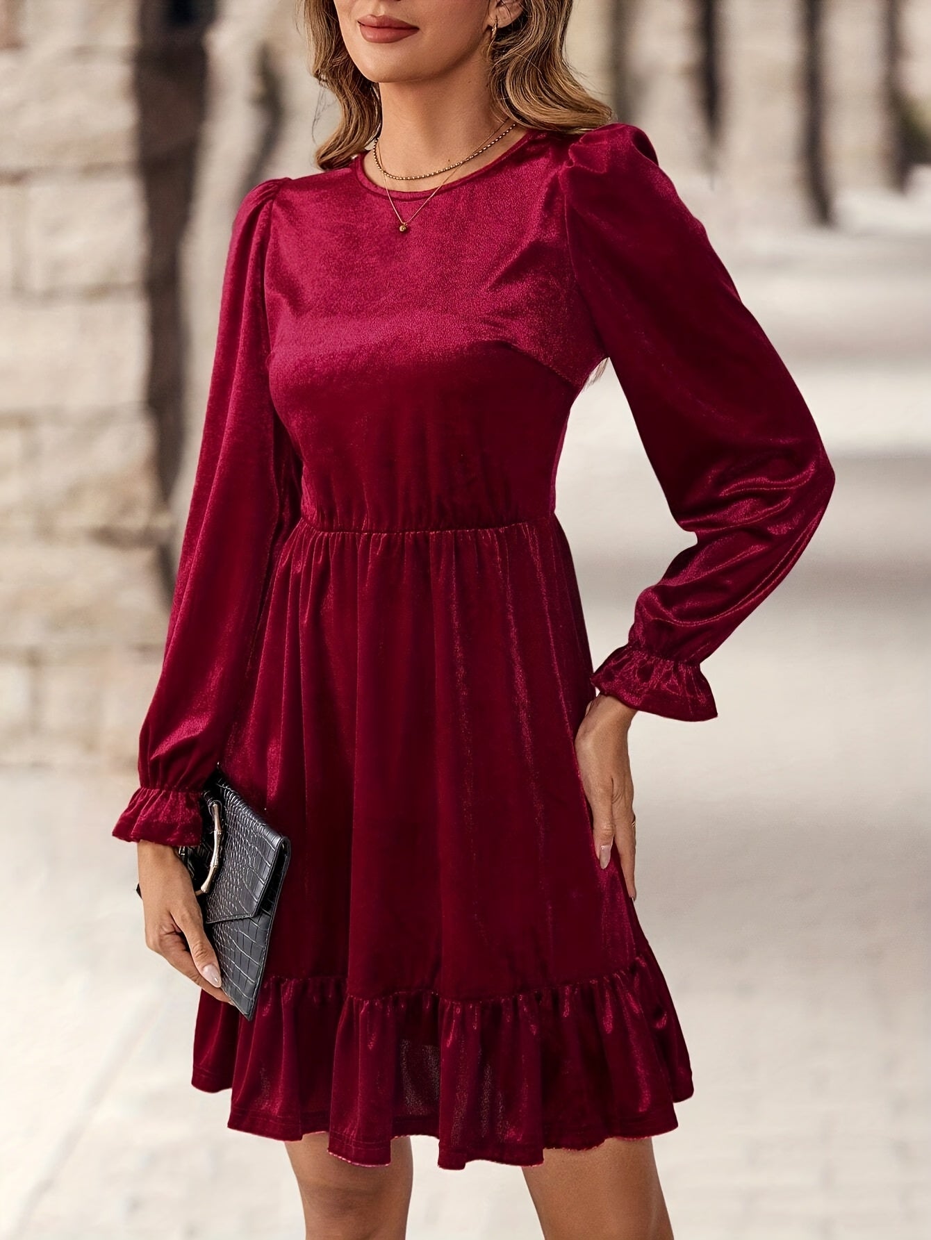 Elegant Burgundy Velvet Christmas Attire Dress for Women with Round Neck Long Sleeve Ruffle Hem Flowing Style