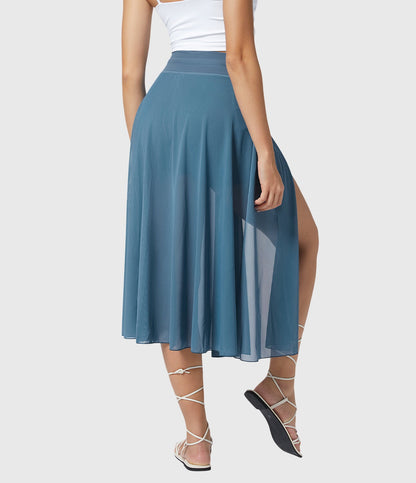Effortless Sage Green Mesh Skirt for Women with High Waist Drawstring A Line Flowy Style