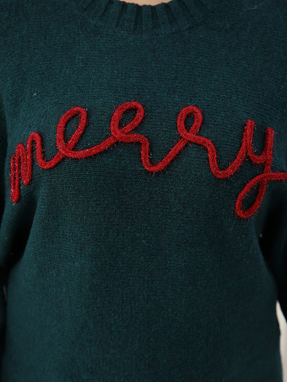 Cozy Green Merry Letter Christmas Tacky Sweater for Women with Crew Neck Long Sleeve Knit Pullover Holiday Style
