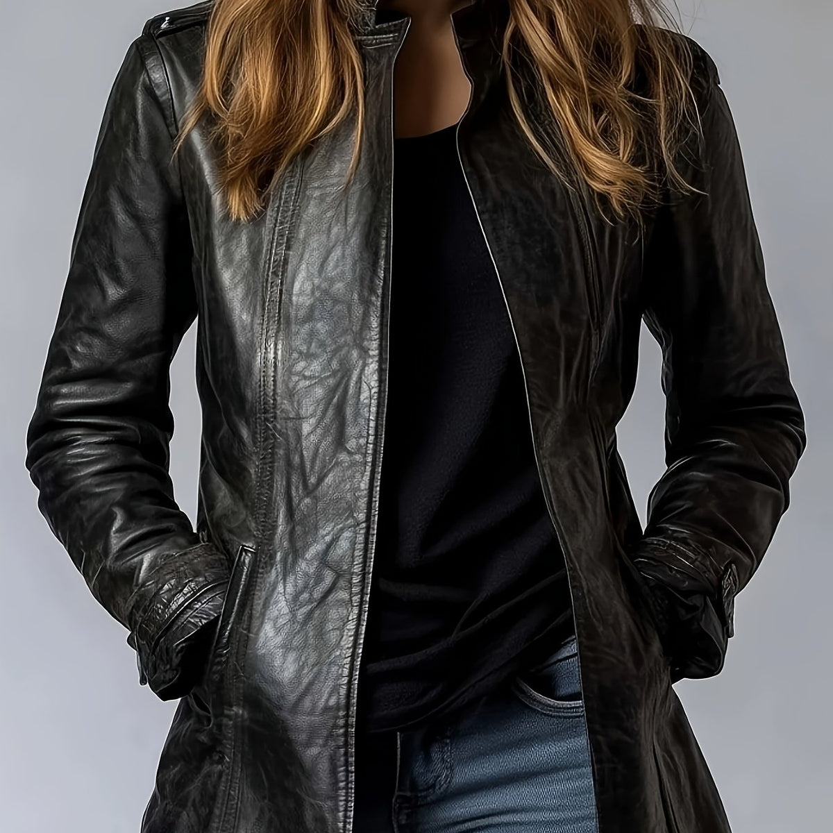 Chic Black Faux Leather Jacket for Women with Stand Collar Zip Front Fitted Casual Style